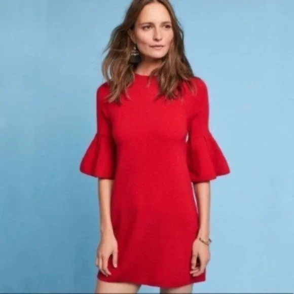 Anthropologie Moth Chester Bell Sleeve Red Mid Length Dress Size Small - Picture 9 of 10